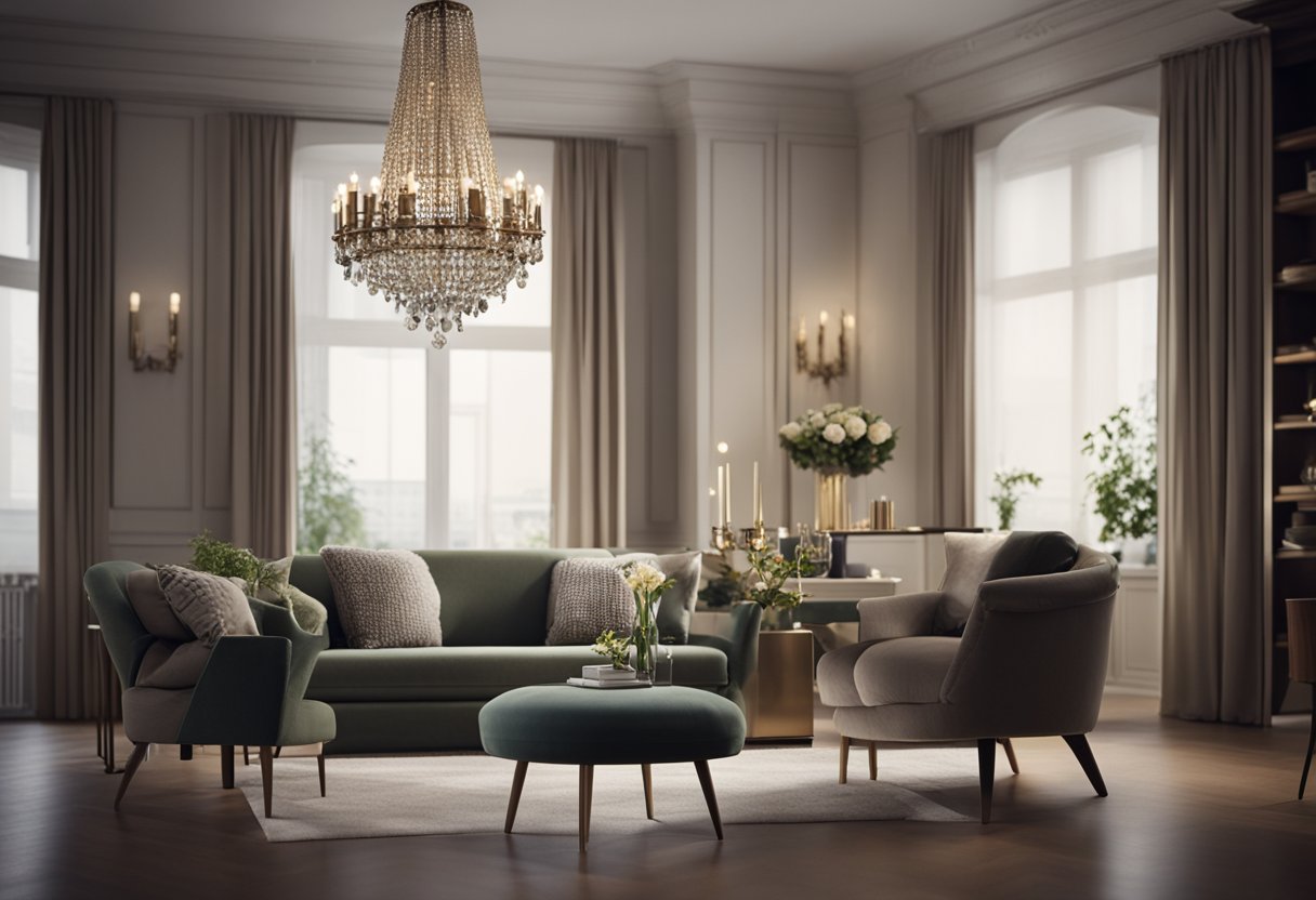 A small sofa overwhelms a tiny room, while a large chandelier dwarfs a small dining table