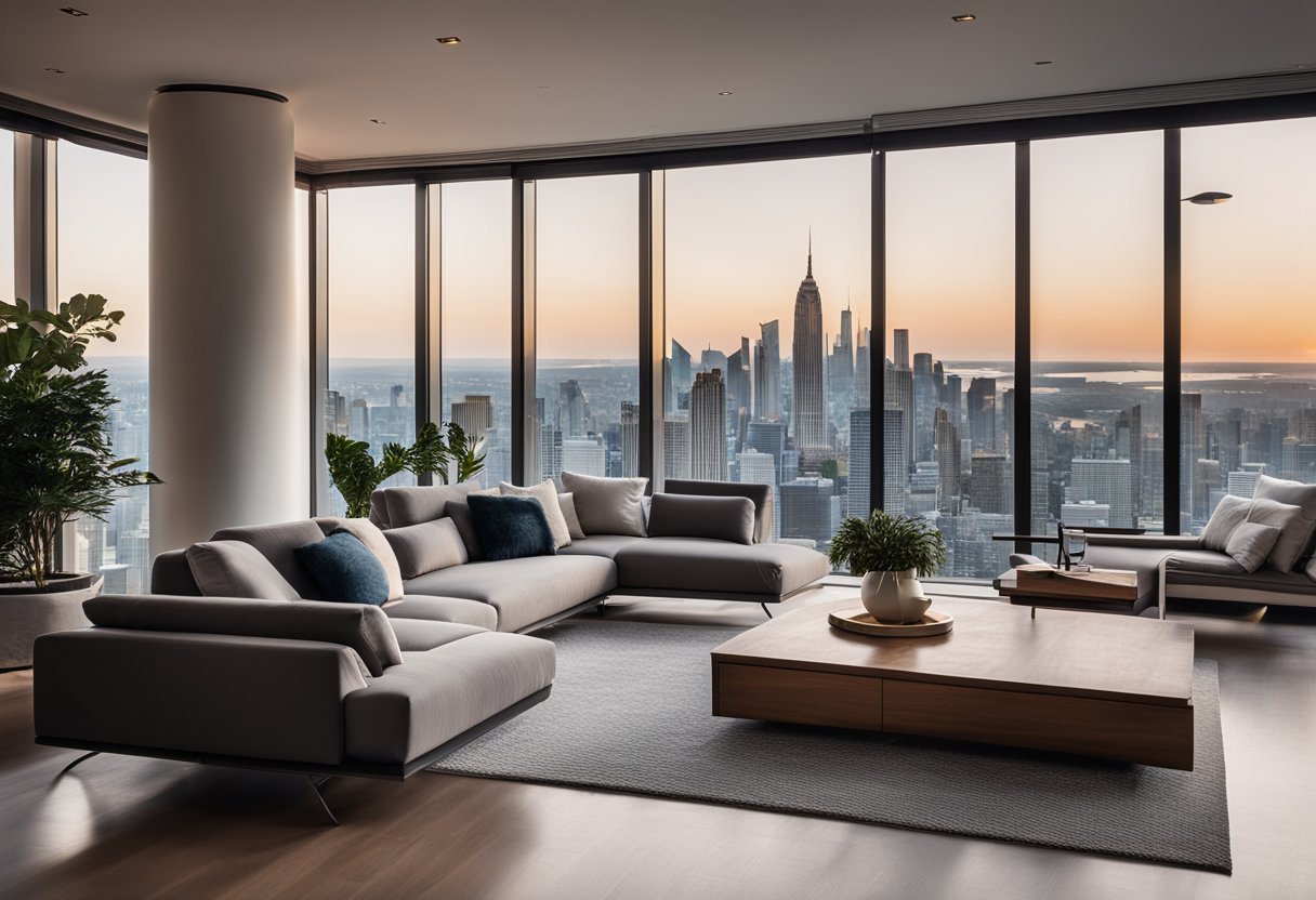 A modern living room with sleek furniture, minimalist decor, and large windows offering a view of the city skyline