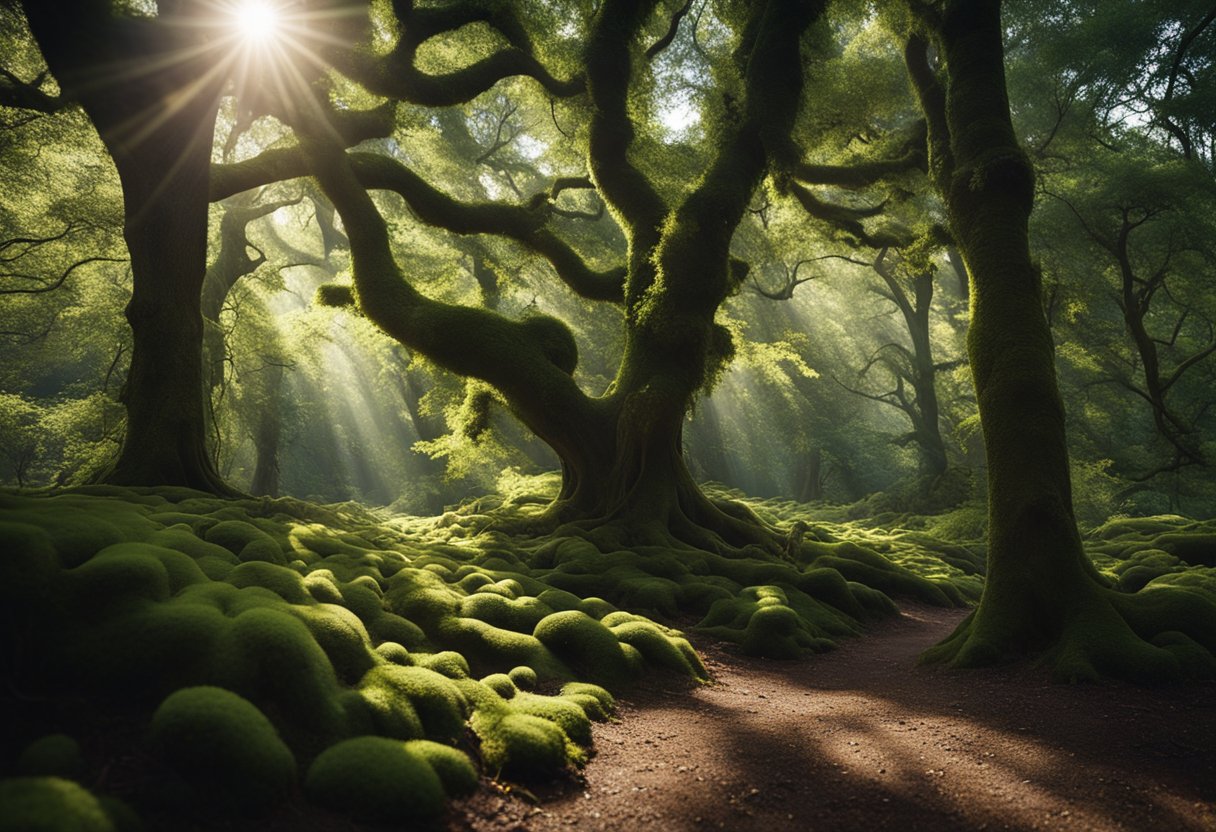 Sunlight filters through the dense oak tree canopy, casting dappled shadows on the forest floor. Vines twist around gnarled branches, while moss and ferns cover the roots
