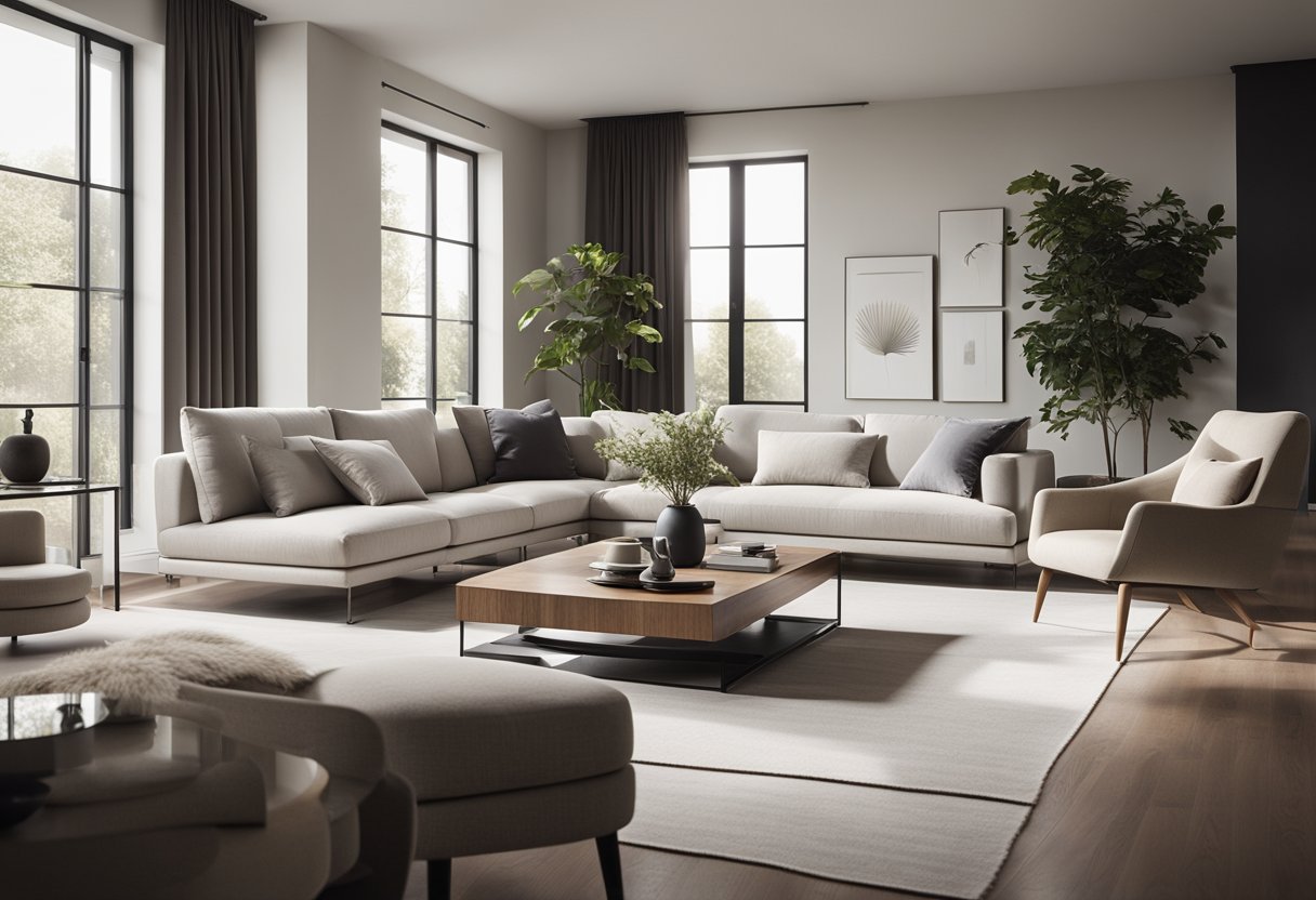 A sleek, minimalist living room with clean lines, neutral colors, and natural light streaming in through large windows. A comfortable yet sophisticated space with modern furniture and stylish decor