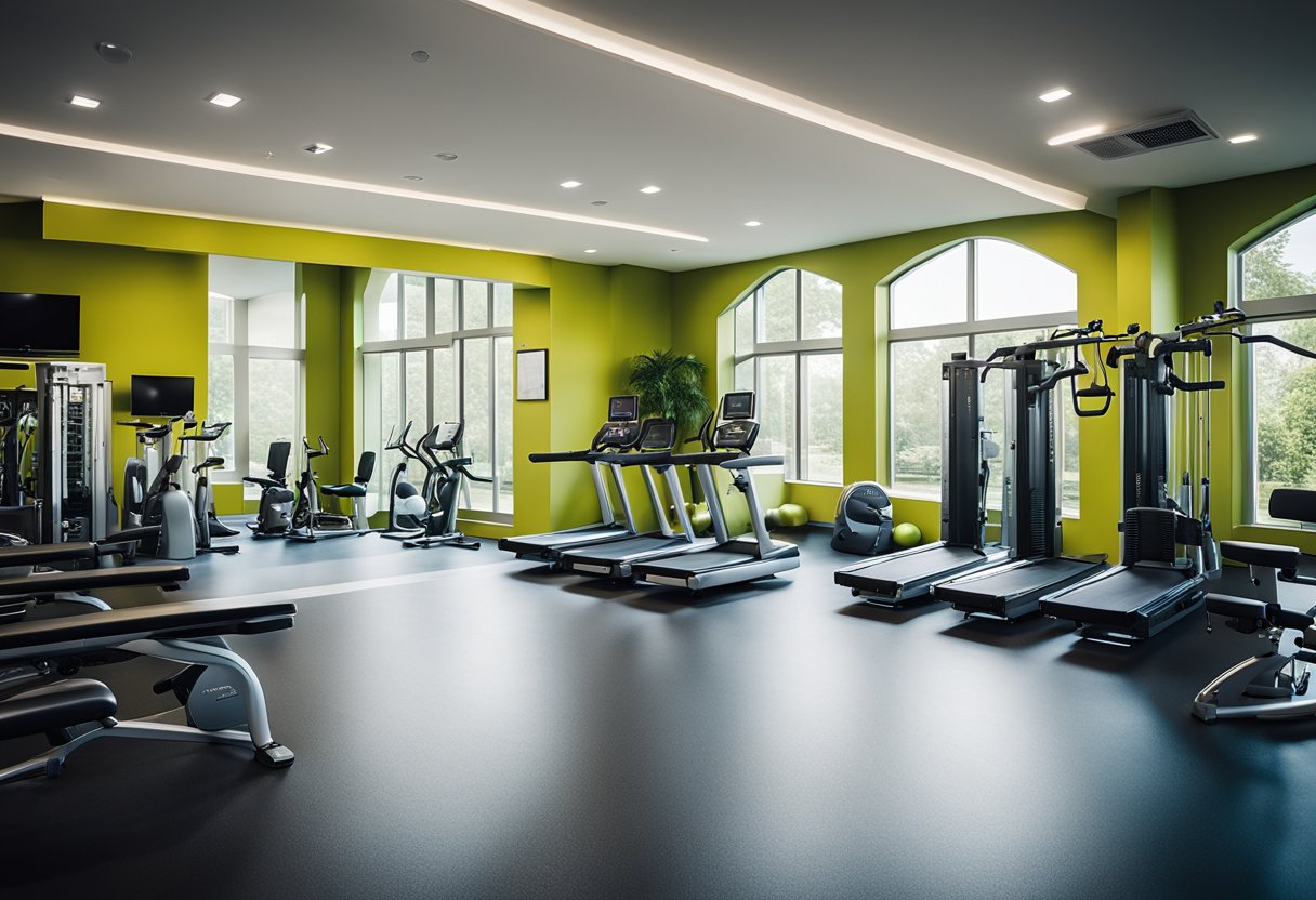 The health club interior features sleek, modern equipment arranged in a spacious, well-lit area with vibrant, motivating colors and clean, minimalist design