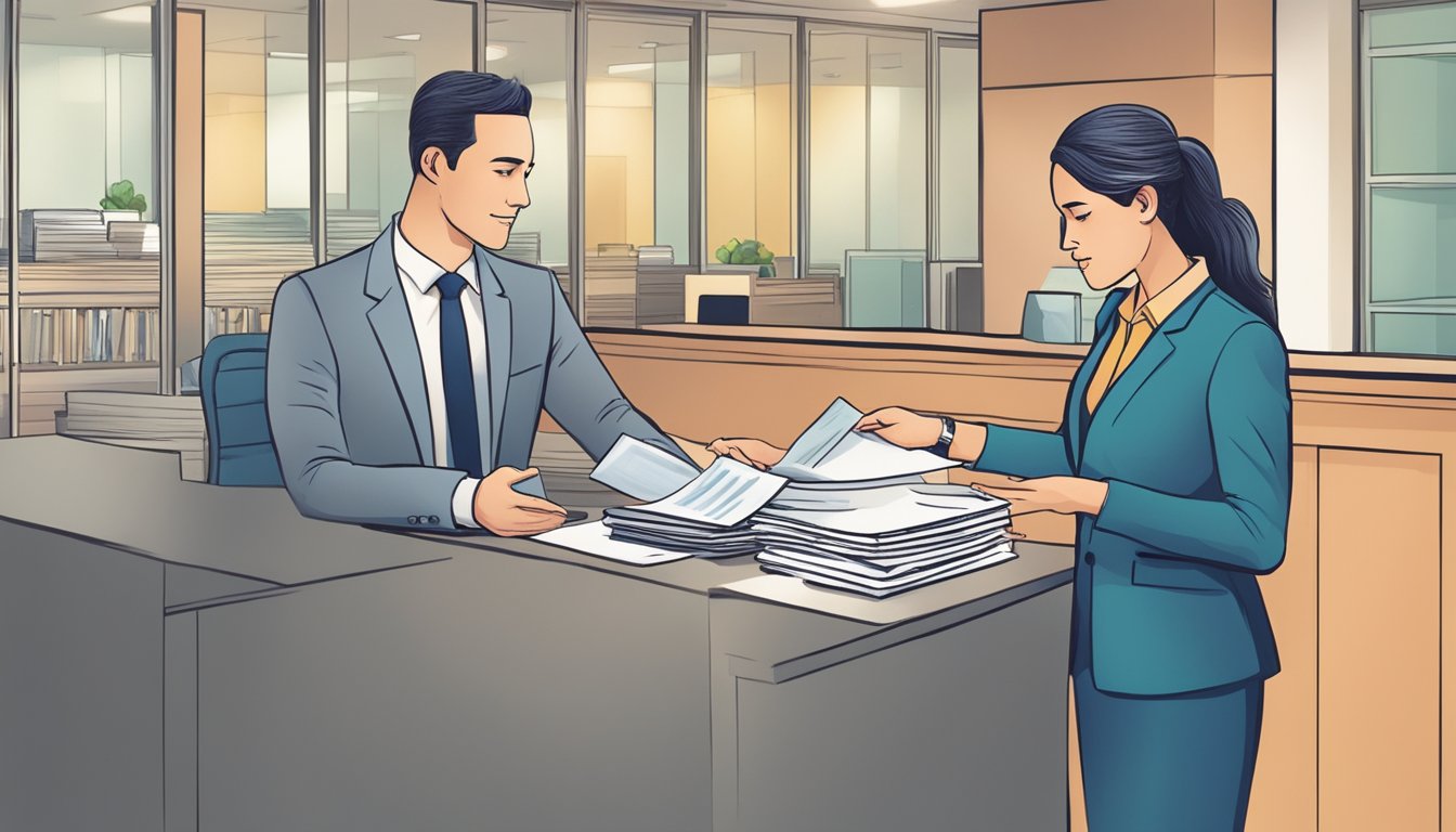 A bank teller presenting a customer with paperwork for a low-interest personal loan