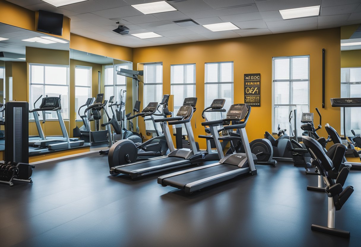 The health club interior features modern equipment, vibrant colors, and ample natural light. The space is organized and inviting, with designated areas for cardio, strength training, and group fitness classes