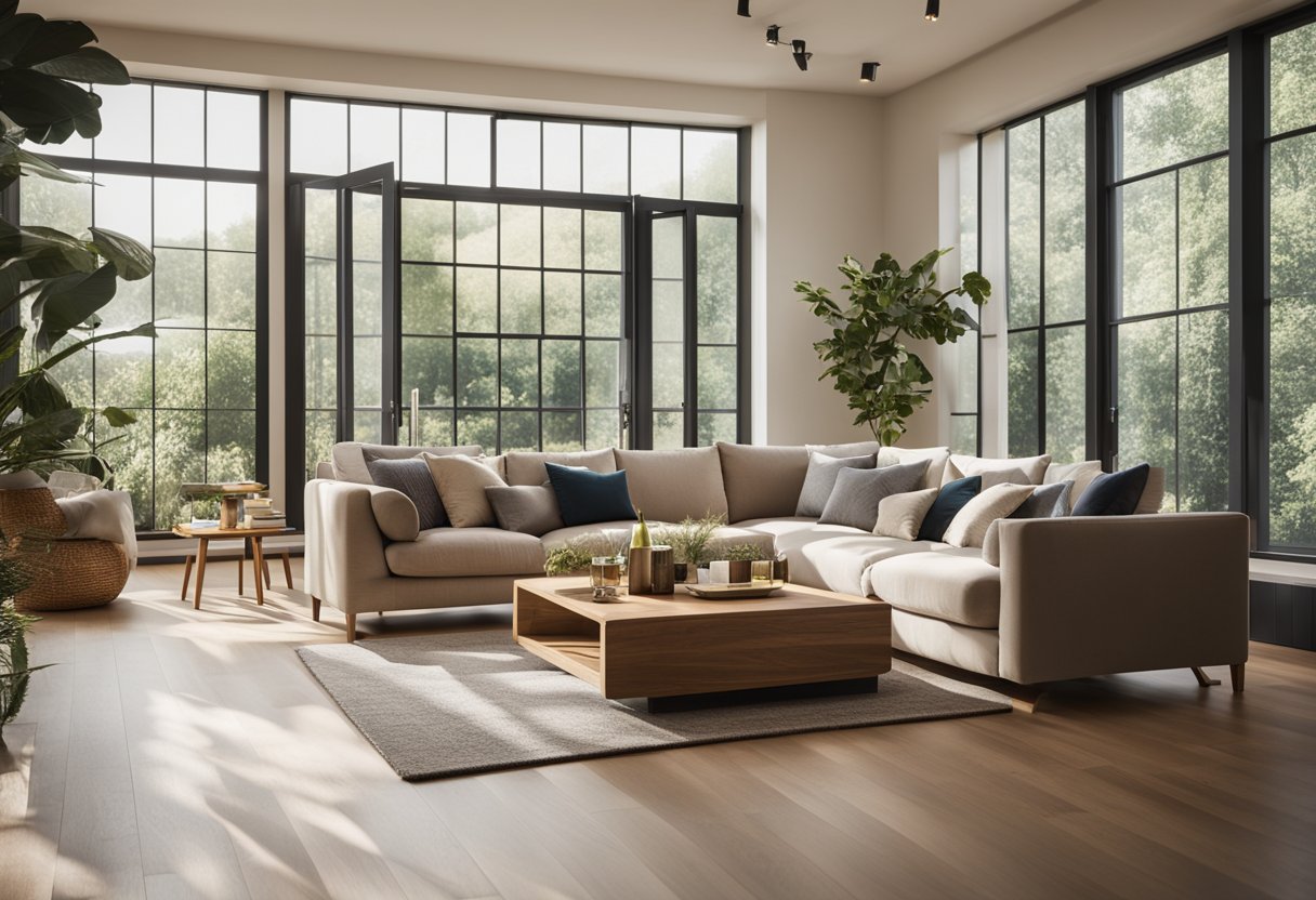 A spacious living room with oak furniture, wooden floors, and natural light streaming in through large windows, creating a warm and inviting atmosphere