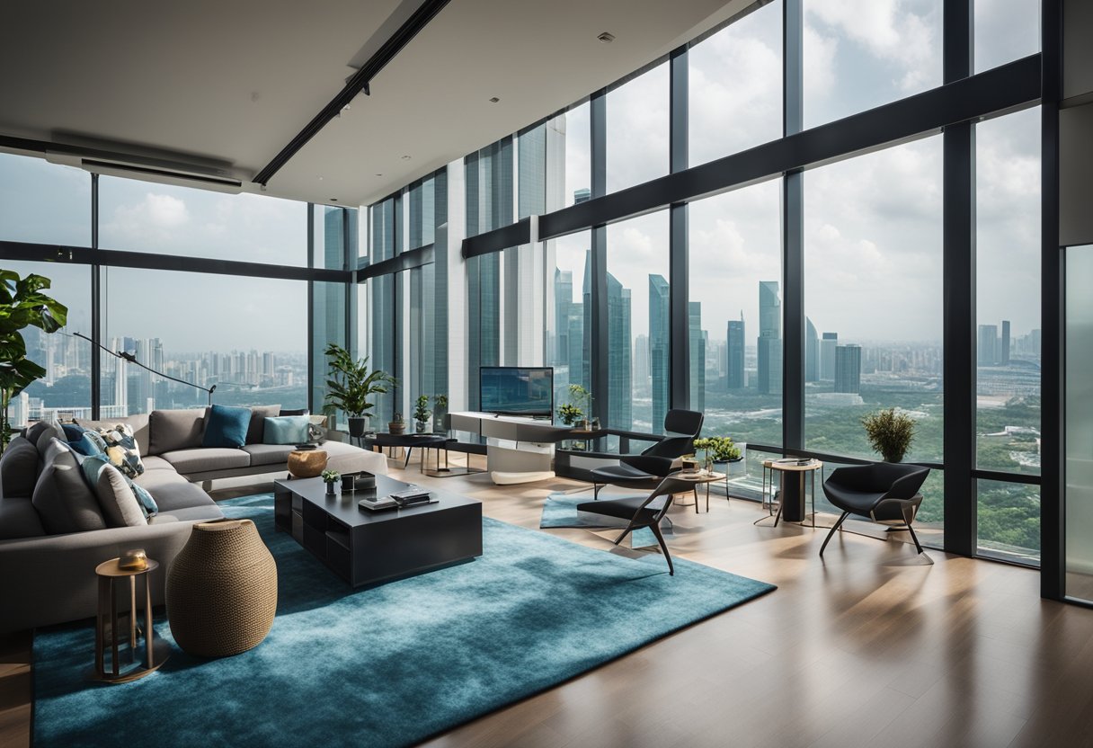 A modern living room in Singapore with sleek furniture, vibrant colors, and a stunning view of the city skyline through floor-to-ceiling windows