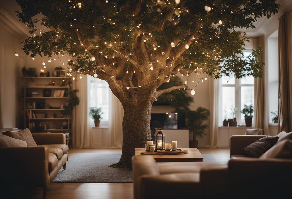 An oak tree stands tall in a spacious room, its sturdy branches adorned with twinkling fairy lights. The room is filled with warm, natural tones, and cozy furniture complements the tree's elegant presence