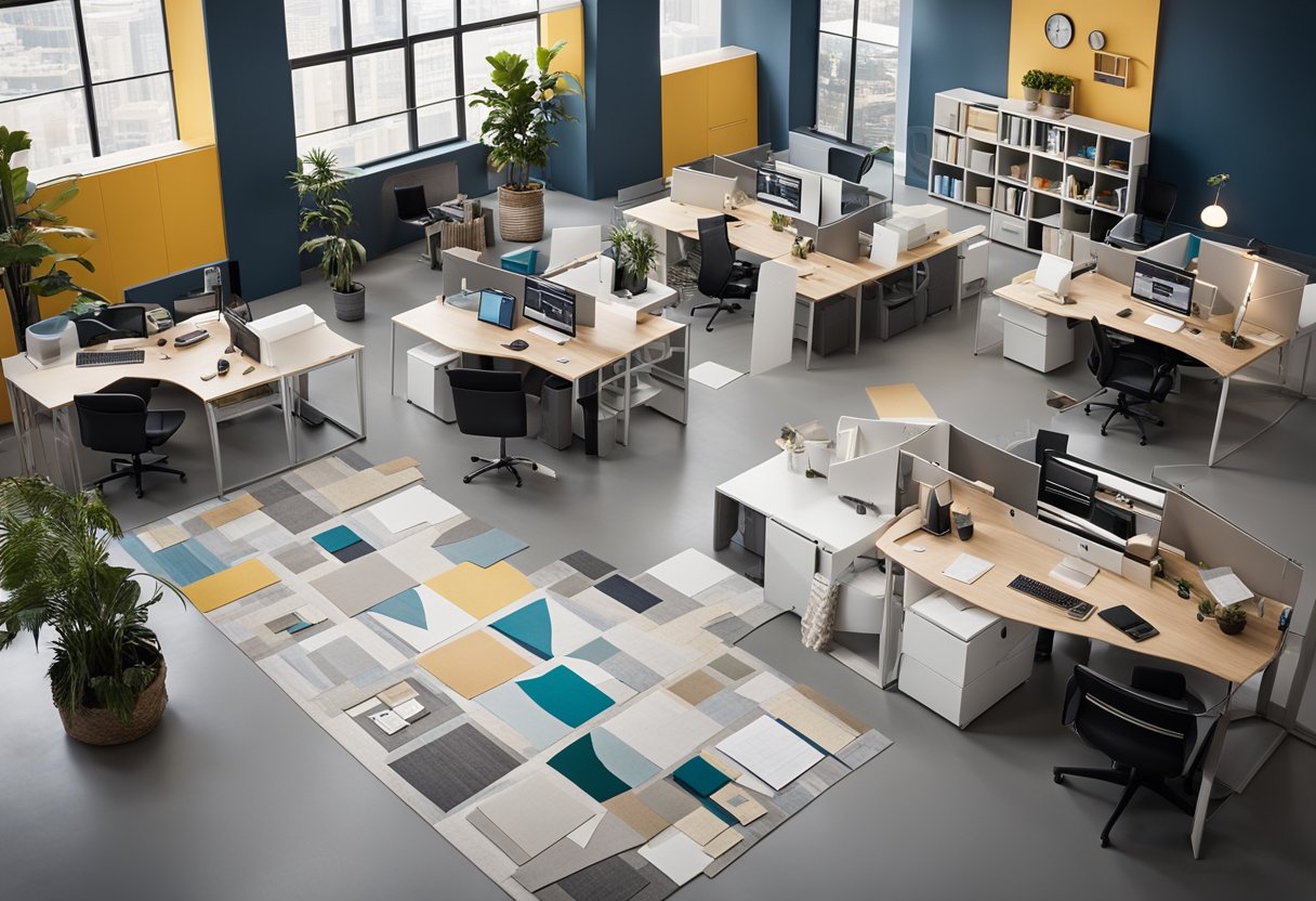 A spacious, modern office with sleek furniture and vibrant decor. A team of designers collaborate on mood boards and floor plans, surrounded by samples and swatches