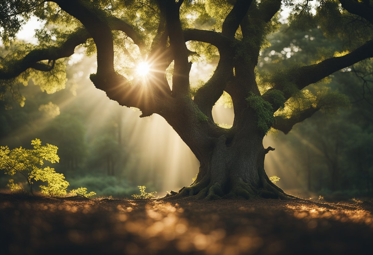 An oak tree stands tall in a serene forest, with sunlight streaming through the leaves, creating a warm and inviting atmosphere