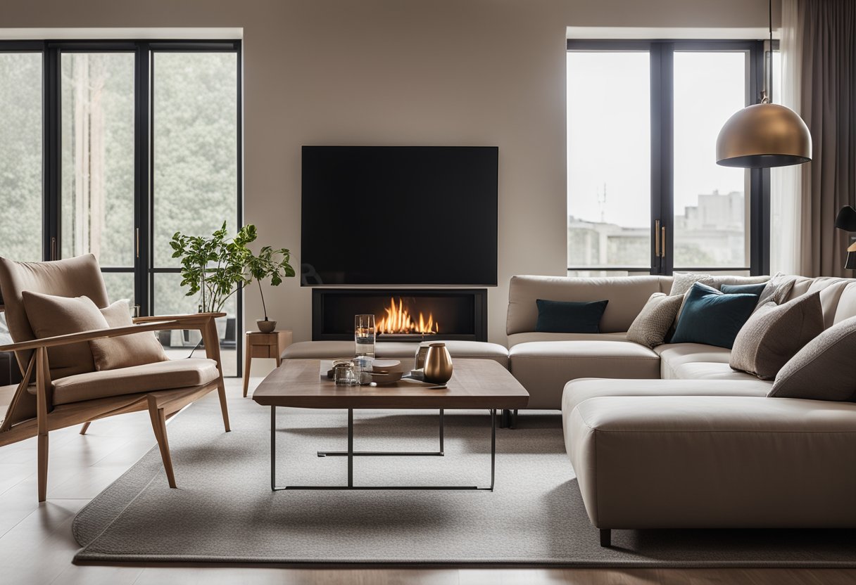A spacious living room with modern furniture, large windows, and a cozy fireplace. The color scheme is a combination of neutral tones with pops of vibrant colors