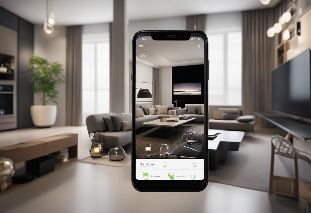 A smartphone with interior design app open, showing various editing tools and a sleek, modern living room as the background image