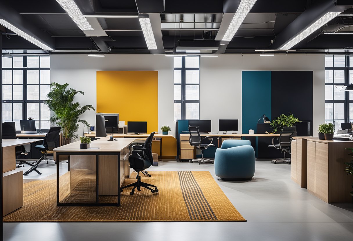 A bustling office space with sleek, modern furniture and vibrant color palettes, showcasing the innovative work of top interior design firms