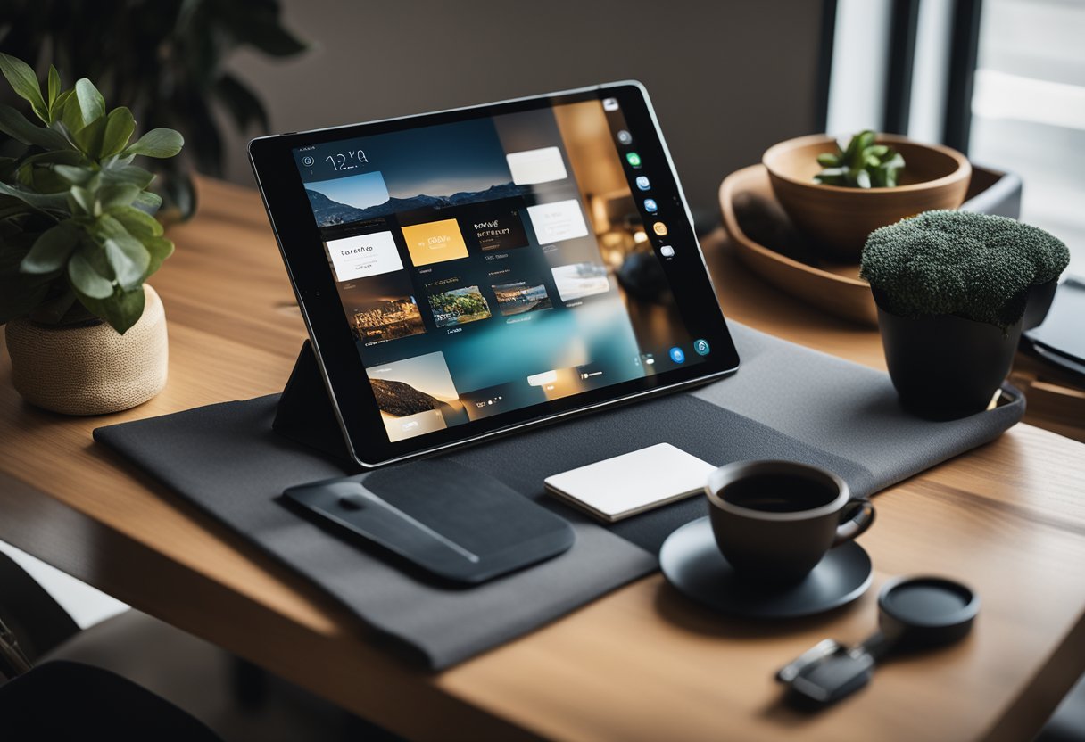 An iPad Pro with interior design apps open, surrounded by a variety of furniture and decor samples