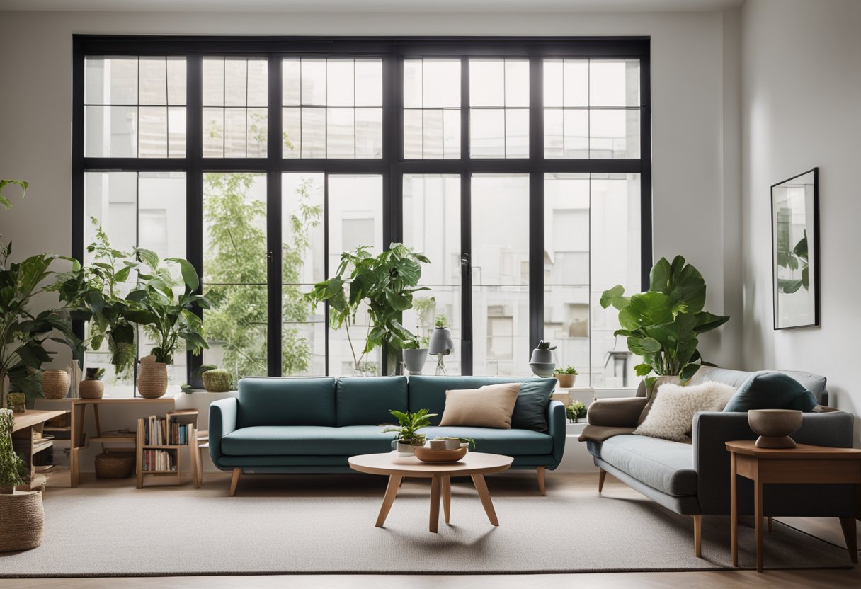 A modern living room with a sleek, minimalist design. A cozy sofa and coffee table are placed in front of a large window, allowing natural light to fill the room. A bookshelf and indoor plants add a touch of warmth to the space