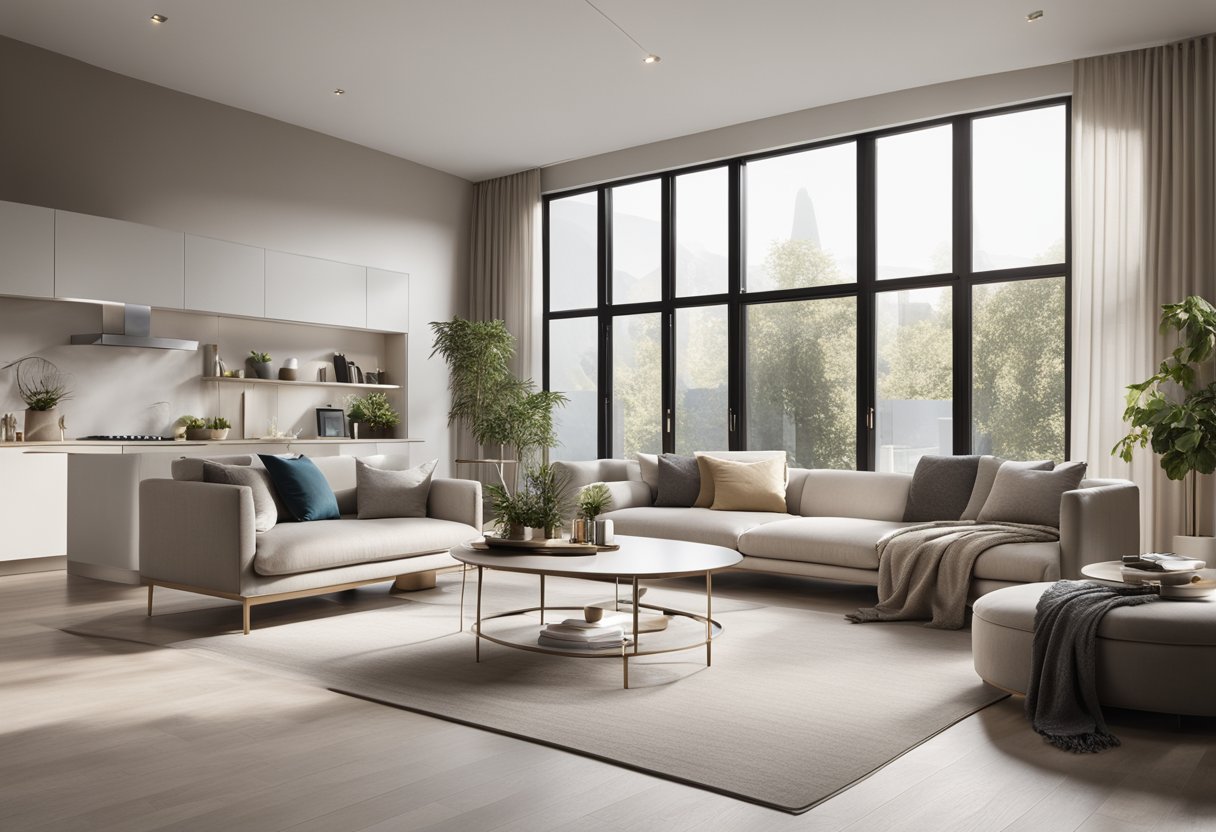 A spacious, well-lit living room with sleek furniture, clean lines, and minimalistic decor. Neutral color palette with pops of bold accents. Open floor plan with large windows offering natural light