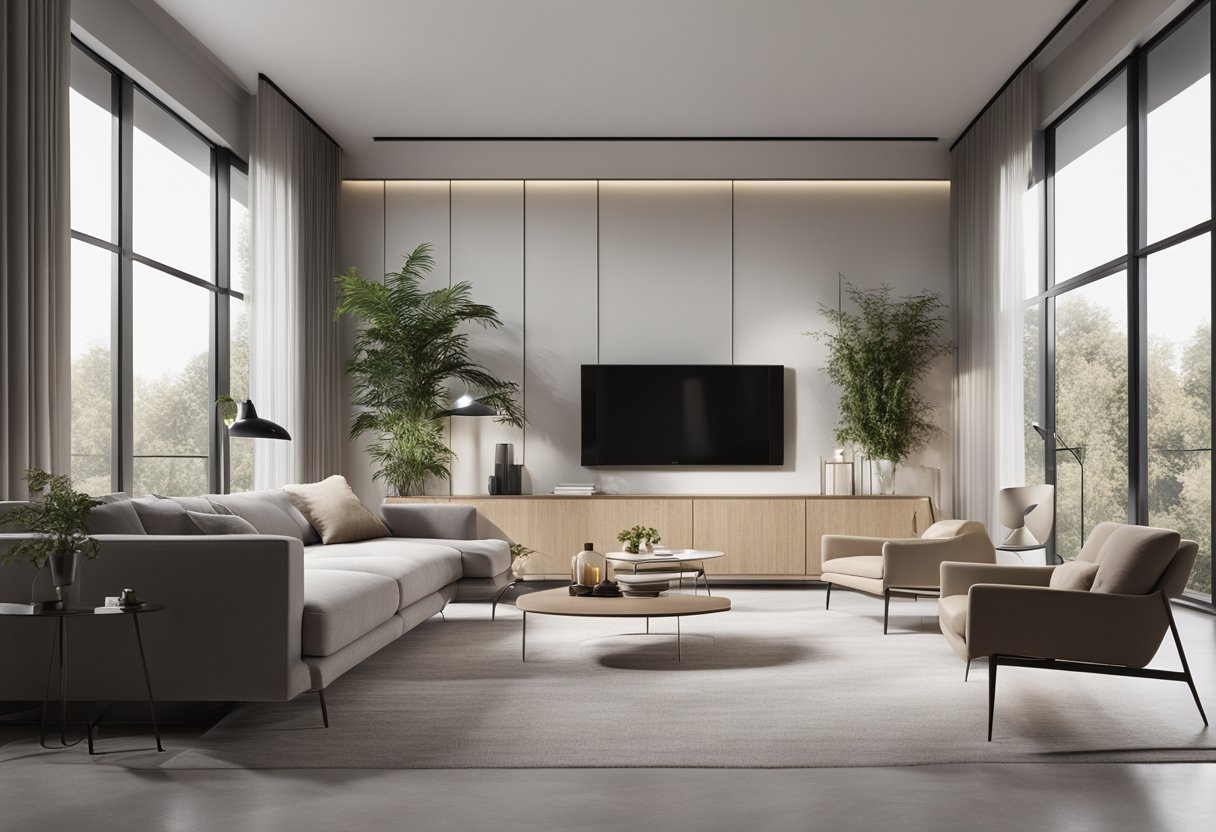 A sleek, open-concept living room with clean lines, minimalistic furniture, and neutral color palette. Large windows flood the space with natural light, and abstract art adorns the walls