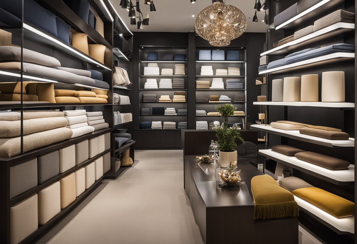 A well-lit showroom displays modern furniture, lighting fixtures, and decorative accessories. Various fabric swatches and material samples are neatly organized on shelves