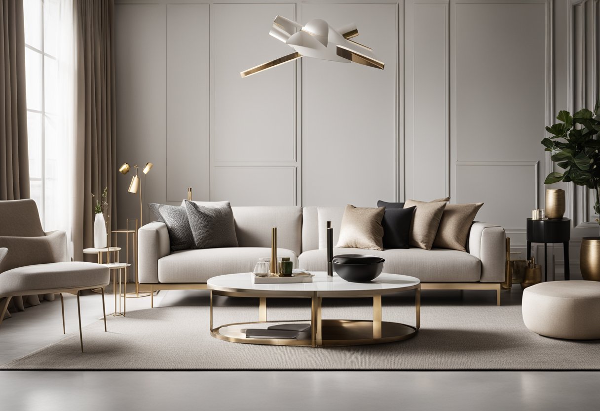 A sleek, minimalist living room with clean lines, neutral colors, and modern furniture. Geometric shapes and metallic accents add a touch of sophistication