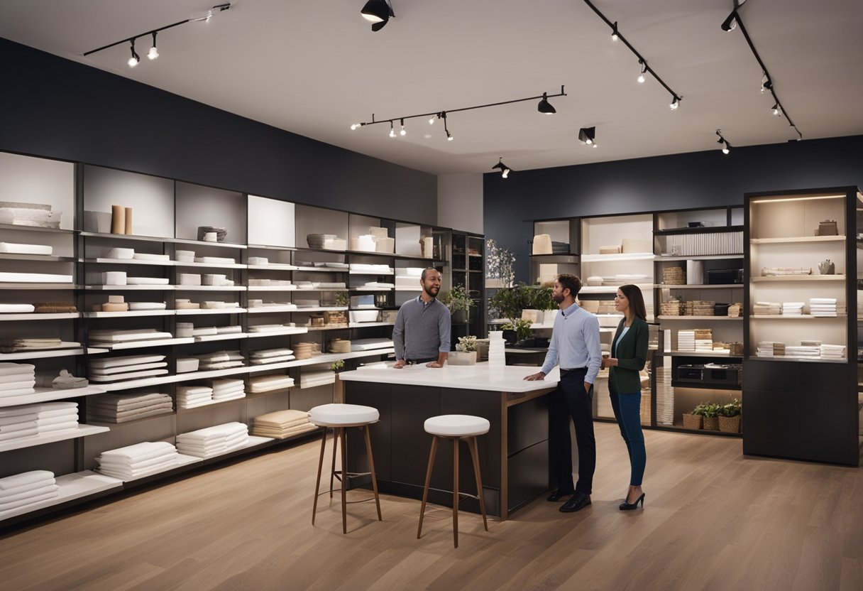 A couple explores a showroom, surrounded by various interior design suppliers. Samples of flooring, paint colors, and furniture are displayed on shelves and tables. The couple discusses options with a sales representative