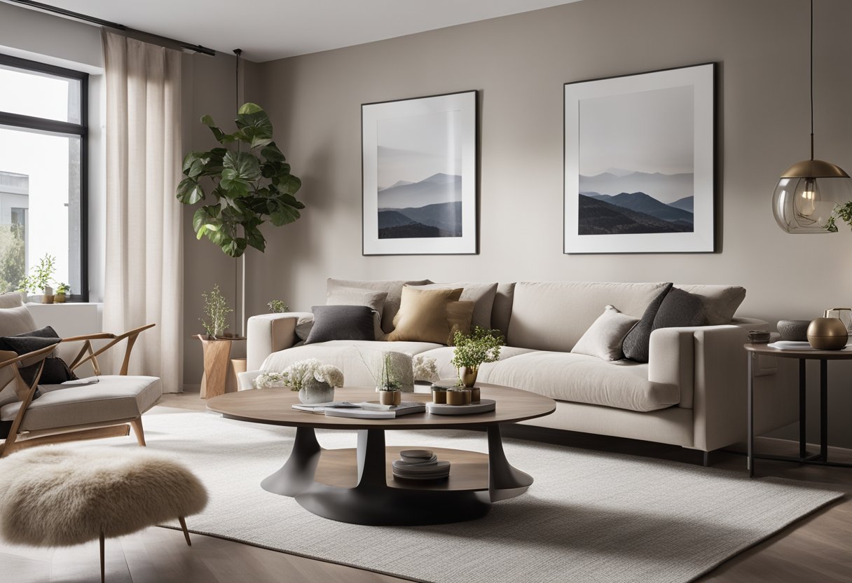 A modern living room with clean lines, minimalistic furniture, and neutral colors. A sleek, open-concept space with natural light and a sense of simplicity