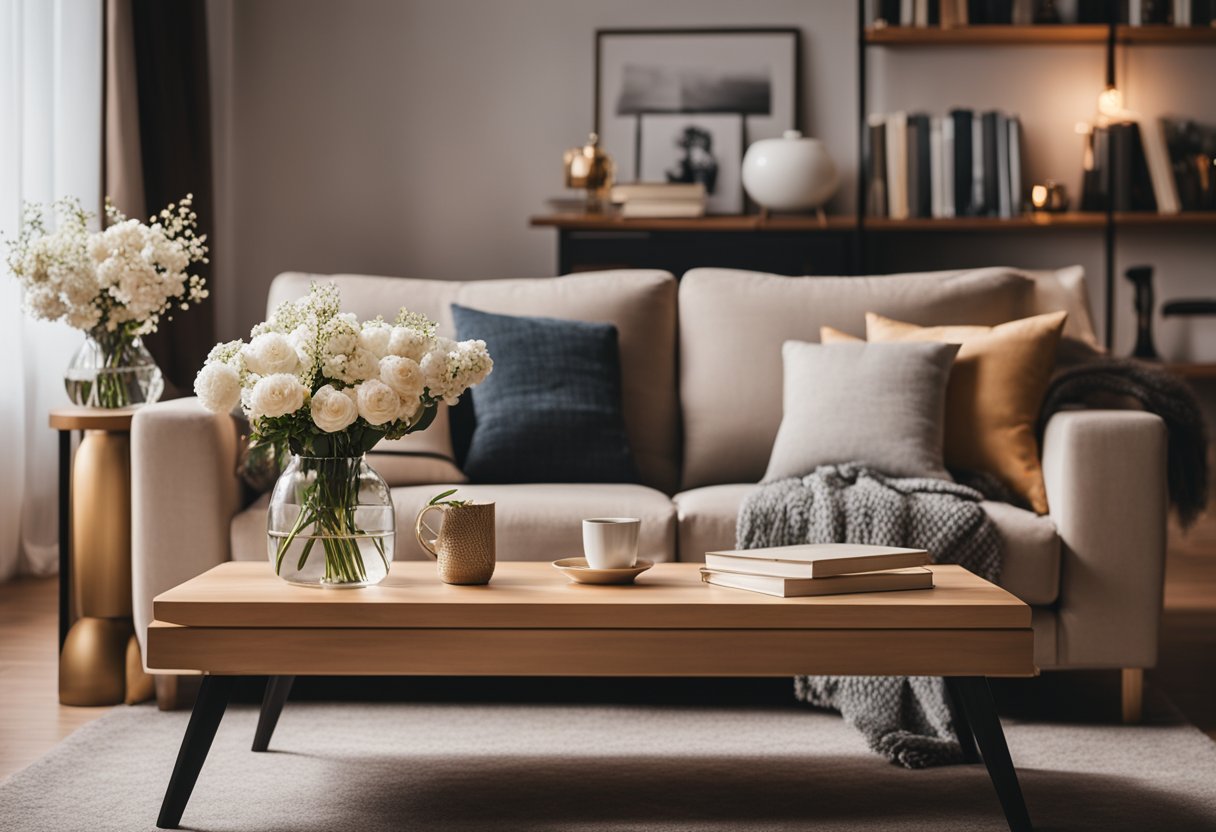 A cozy living room with a plush sofa, warm lighting, and a coffee table adorned with books and a vase of flowers