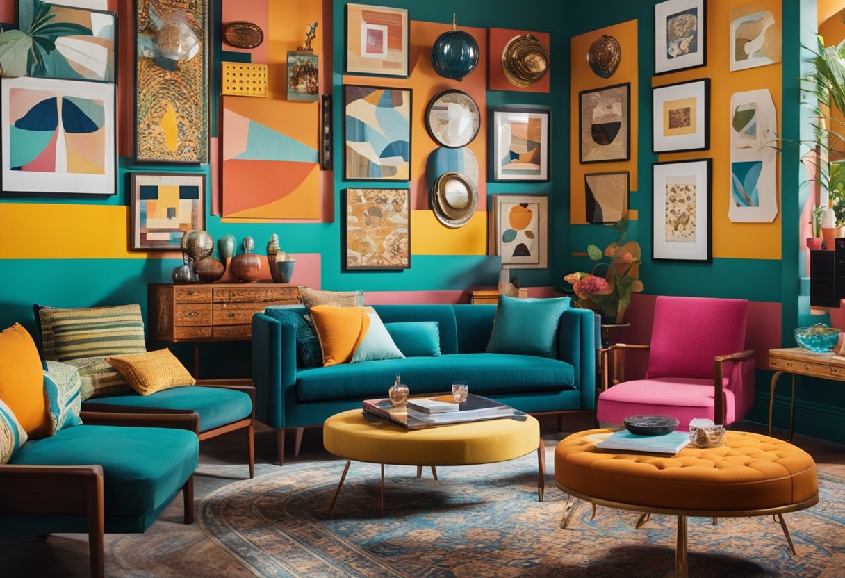 An array of mismatched furniture, vibrant colors, and diverse patterns fill the room, creating an eclectic and lively interior design