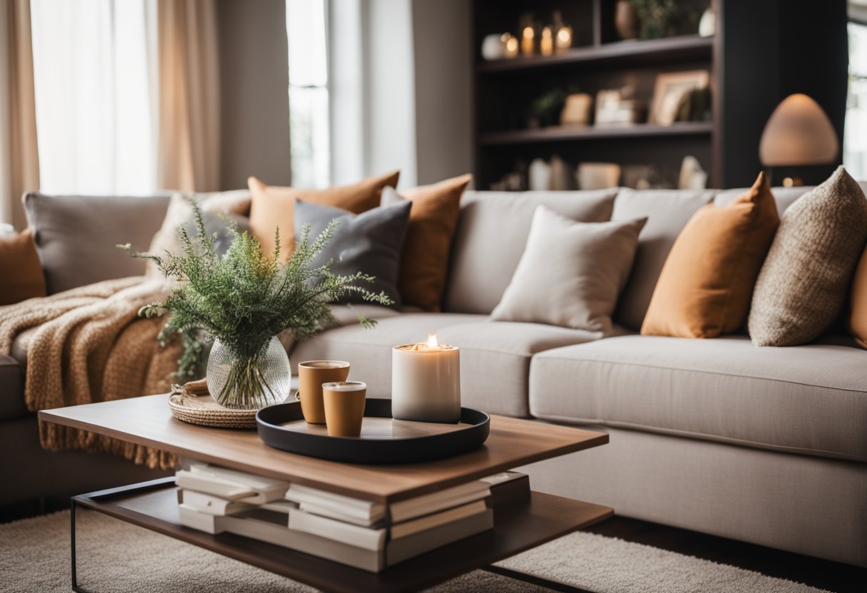 A cozy living room with a plush sofa, soft throw pillows, a stylish coffee table, and a warm, inviting color scheme