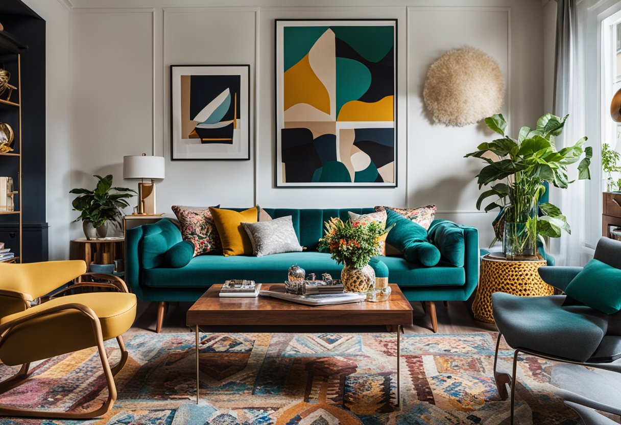 An eclectic living room with a mix of vintage and modern furniture, bold patterns, and vibrant colors. Plants and art pieces add personality to the space
