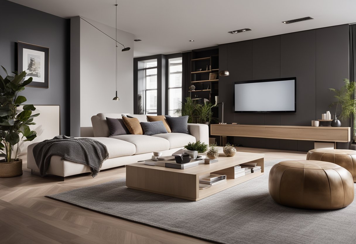 A modern living room with sleek furniture, integrated storage, and stylish decor. Functional and minimalist design with a touch of elegance