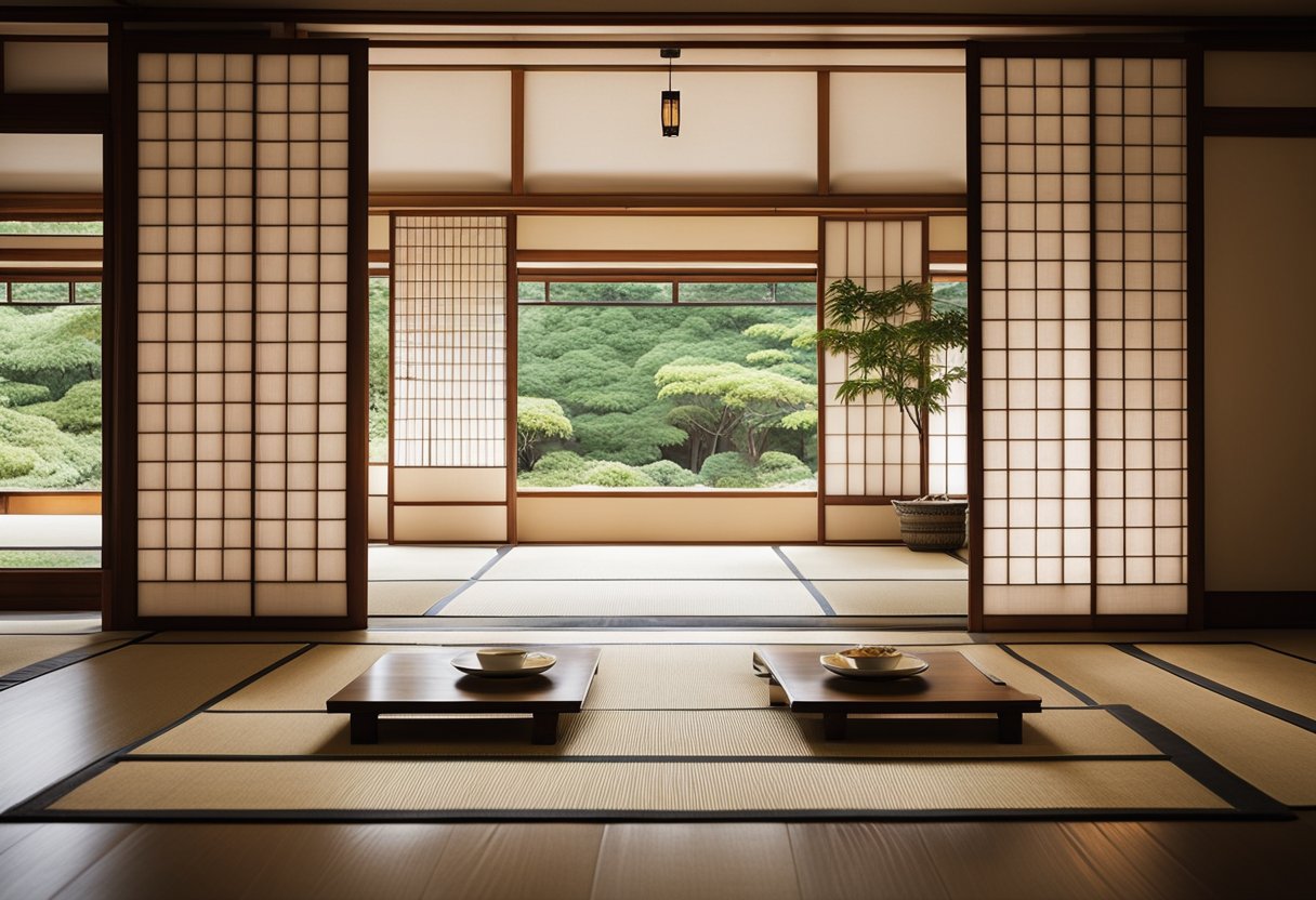 A minimalist Japanese interior with shoji screens, tatami mats, and low furniture. Bamboo and paper lanterns provide soft lighting