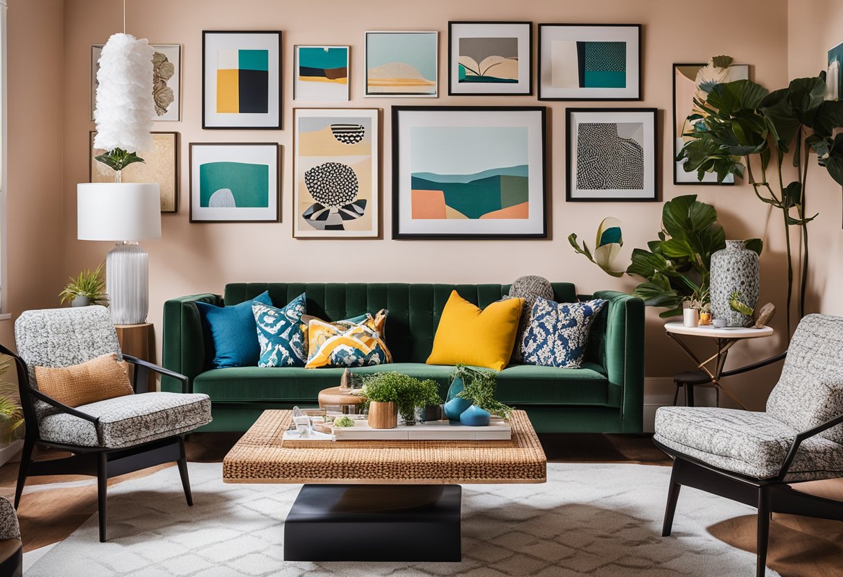 A living room with a mix of modern and vintage furniture, bold patterns, and vibrant colors. A gallery wall displays an assortment of art pieces, while plants and unique decor items add personality to the space