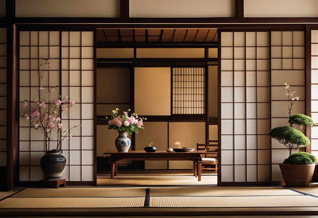 A traditional Japanese tatami room with sliding shoji doors, low wooden furniture, and a tokonoma alcove with a scroll and flower arrangement