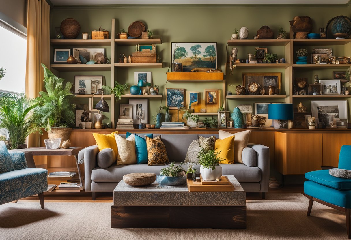 A cozy living room with mismatched furniture, vibrant colors, and an array of unique decor items. A wall covered in eclectic artwork and shelves filled with various knick-knacks. Bright natural light streaming in from large windows