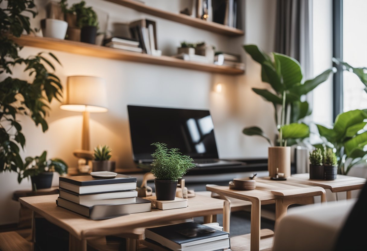 A cozy living room with modern furniture, warm lighting, and plants. A bookshelf filled with design books and a laptop on the coffee table