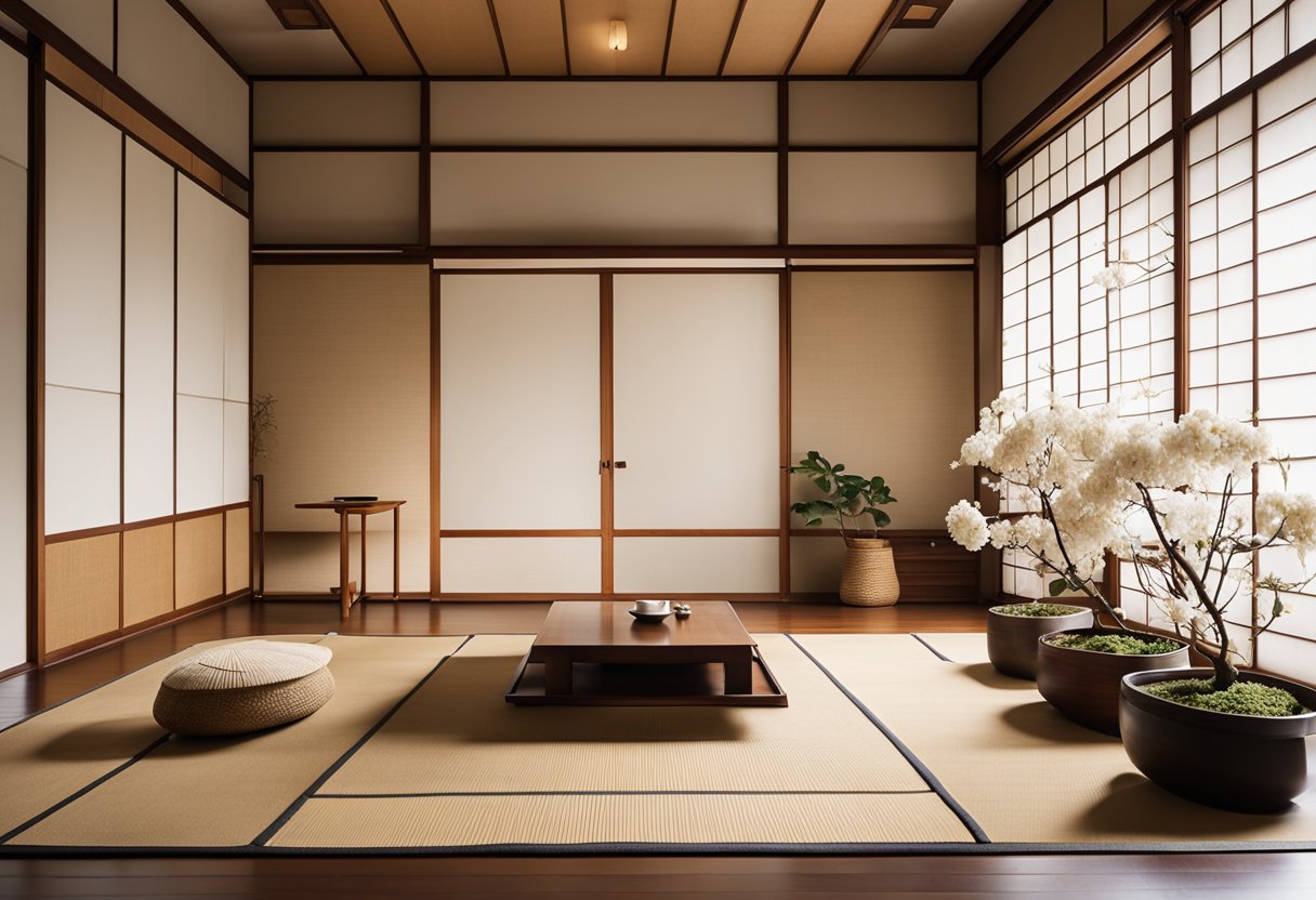 A minimalist tatami room with sliding shoji screens, low furniture, and natural materials like wood and paper. A tokonoma alcove displays a simple flower arrangement