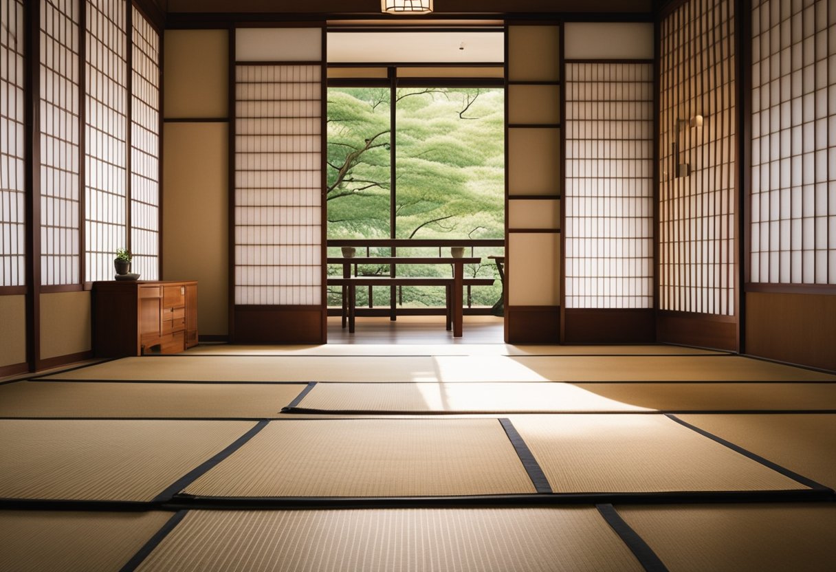 A serene Japanese interior with sliding shoji screens, tatami mats, and minimalist decor. Soft natural lighting and a peaceful atmosphere