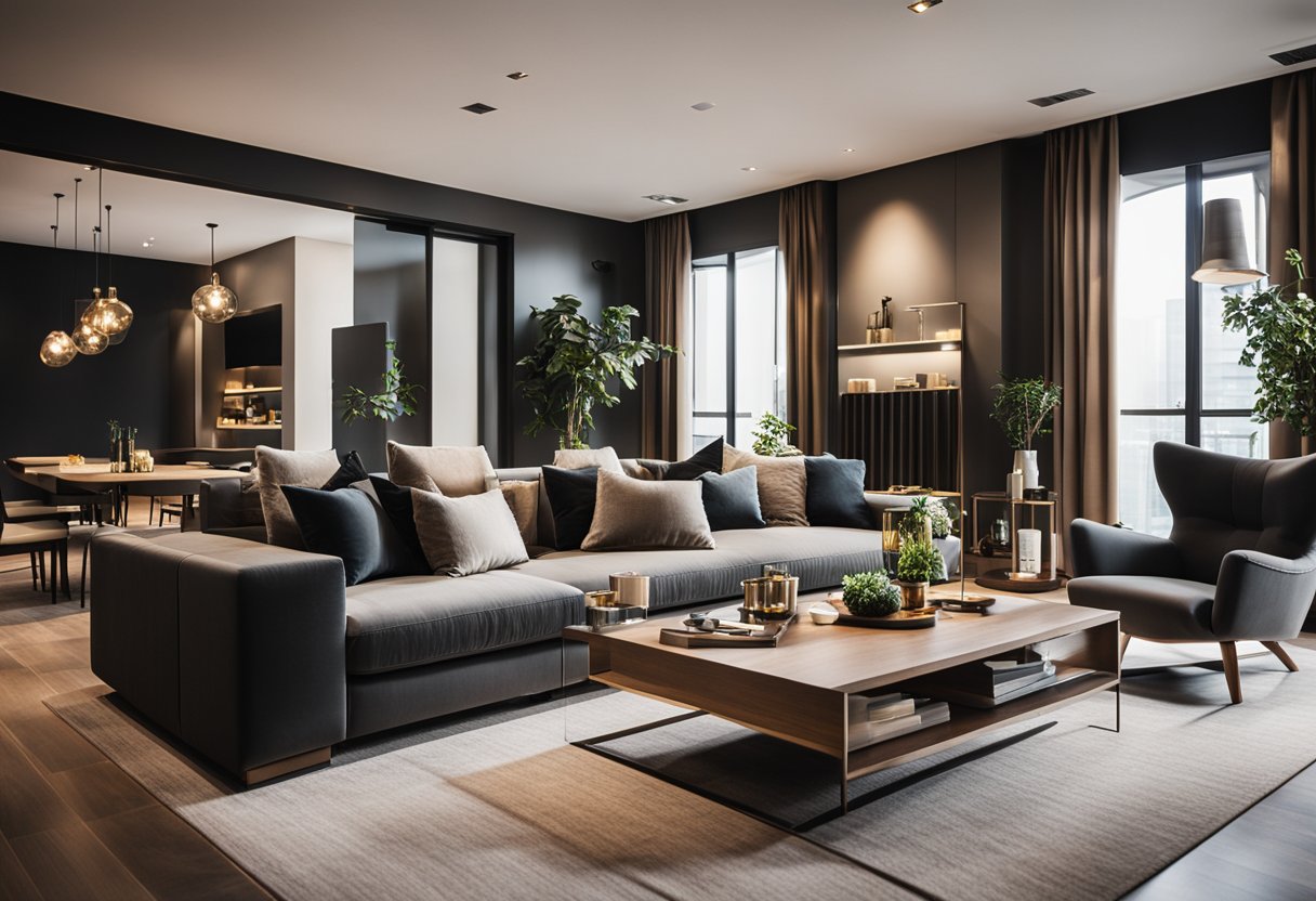 A modern living room with sleek furniture, warm lighting, and tasteful decor