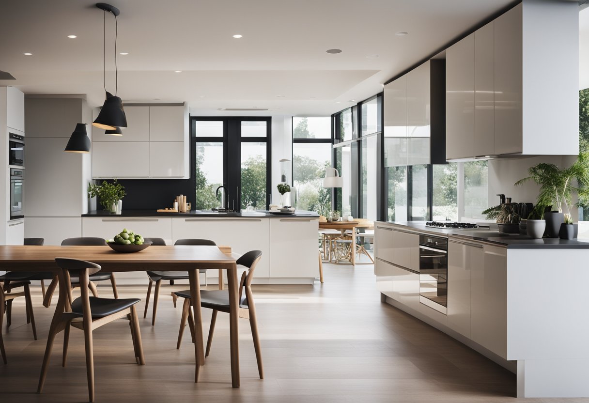 A modern, open-plan kitchen and dining room with sleek, minimalist furniture and plenty of natural light streaming in through large windows