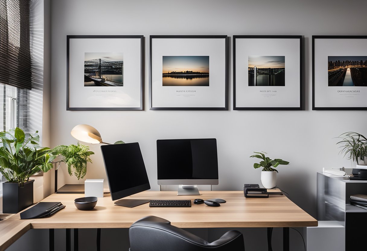 A well-lit, modern office space with a sleek desk, comfortable seating, and a wall adorned with framed design awards and accolades