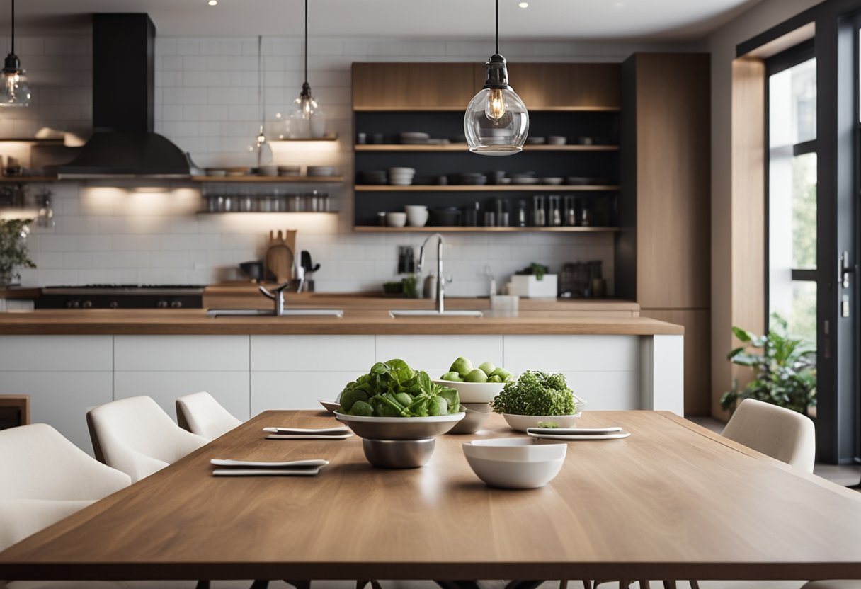 A modern kitchen with sleek countertops and stainless steel appliances flows seamlessly into a dining area with a large wooden table and comfortable chairs