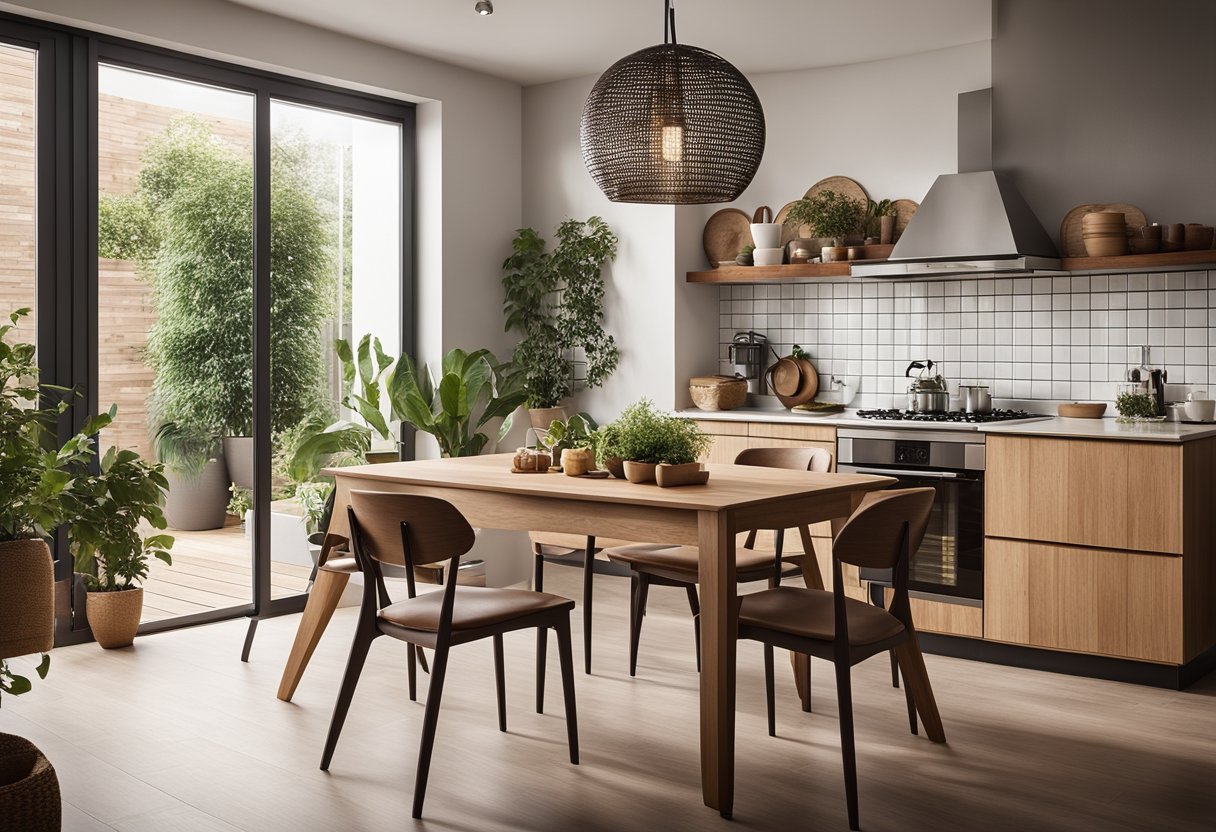 A well-lit kitchen with modern appliances and a spacious dining area with a large wooden table and comfortable chairs. The decor includes warm, earthy tones and plants for a cozy atmosphere