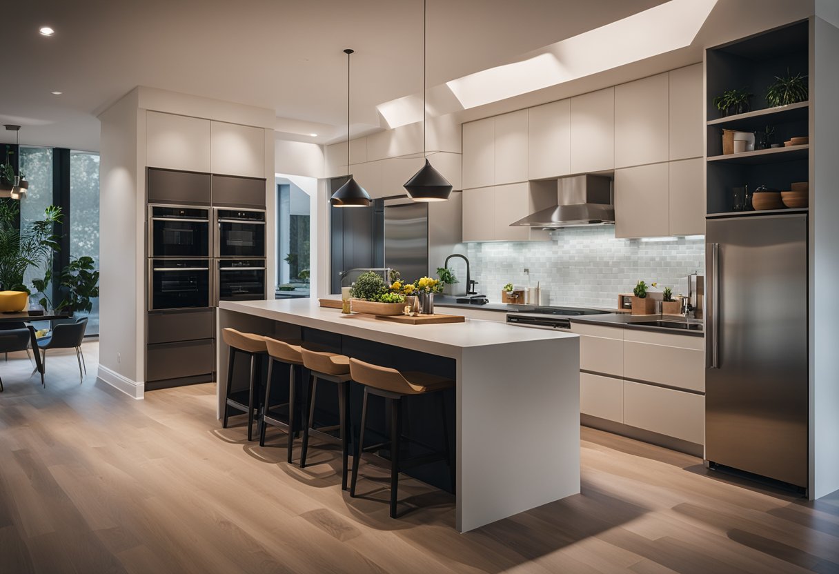 A modern kitchen and dining room with sleek, minimalist furniture, warm lighting, and pops of color. Open shelving and a large island create a functional and stylish space