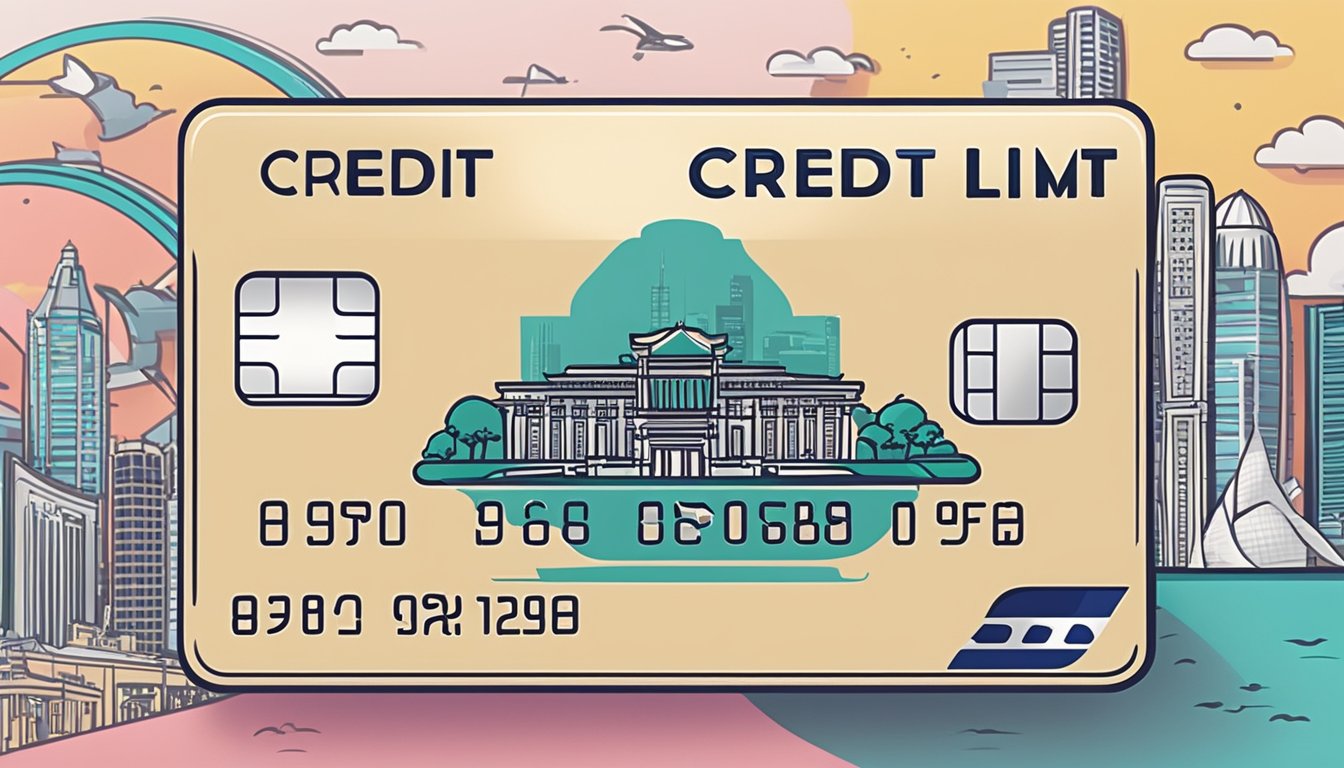 A credit card with the words "credit limit" displayed prominently, set against a backdrop of iconic Singapore landmarks and symbols