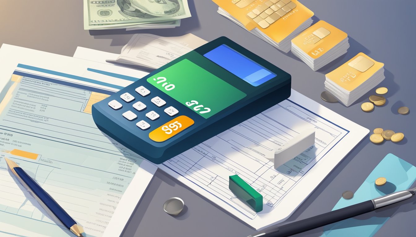 A credit card with a visible credit limit displayed, surrounded by financial documents and a calculator
