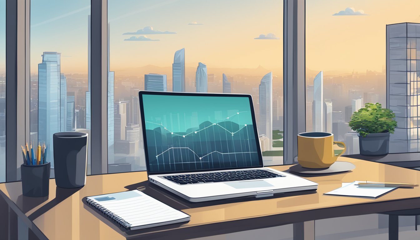 A table with a laptop open to StashAway's website, a calculator, and a notepad with investment figures. A Singaporean skyline in the background