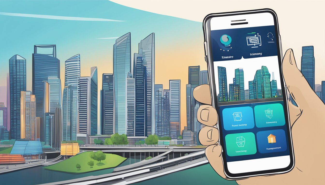A smartphone displaying the StashAway app with a Singaporean skyline in the background, showcasing the interface and investment options