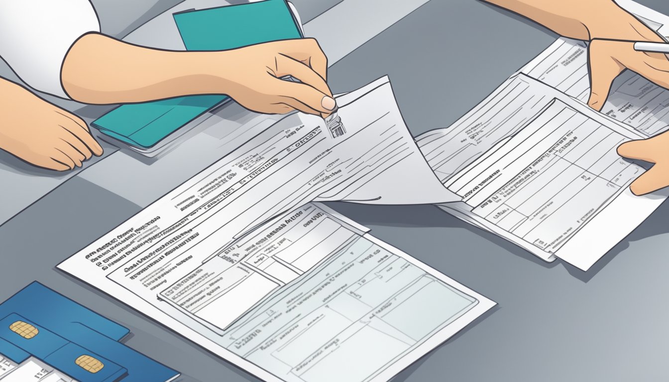 A person filling out a credit card application form at a bank in Singapore. The credit card limit and terms are displayed on a brochure