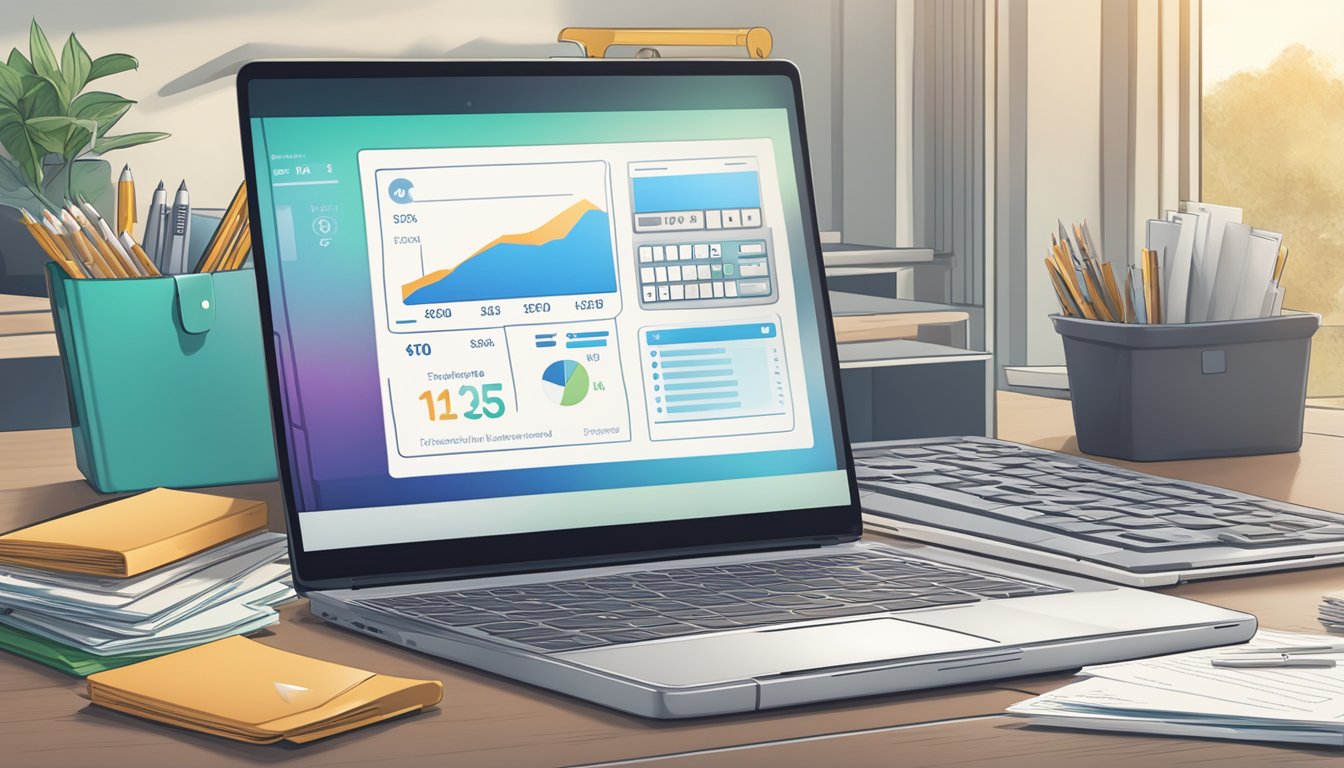 A laptop, calculator, and financial documents on a desk with a StashAway logo in the background