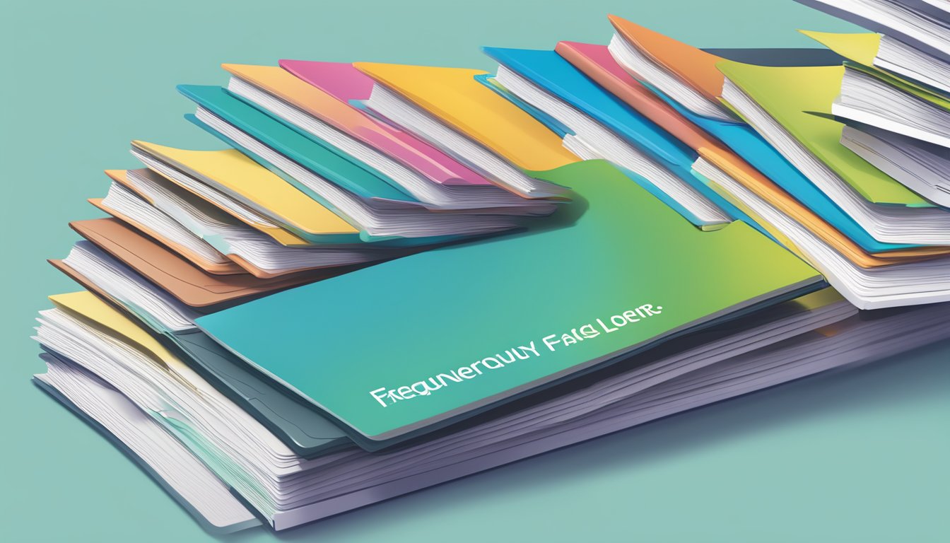 A stack of colorful brochures with "Frequently Asked Questions discover personal loans" printed on the cover, surrounded by a laptop, pen, and notepad