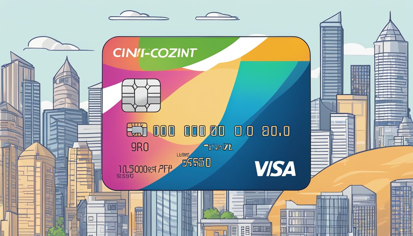 A credit card with "Credit Limit Adjustment Options" displayed, set against a Singaporean cityscape