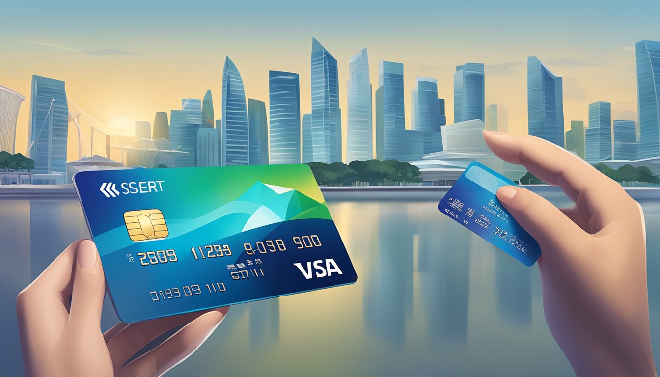 A smart credit card sits on a sleek surface, with the Singapore skyline in the background. The card's details are visible, and it exudes an aura of financial responsibility